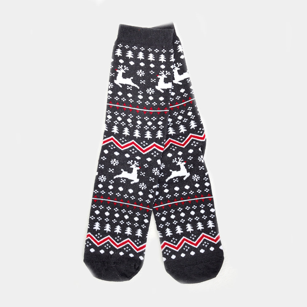 Calcetines Navideñas Unisex Grises Renos y Árboles 