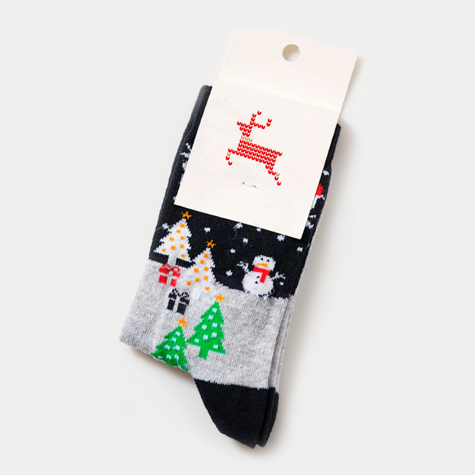 Calcetines Navideñas Unisex con Muñeco de Nieve y Árboles Navideñas