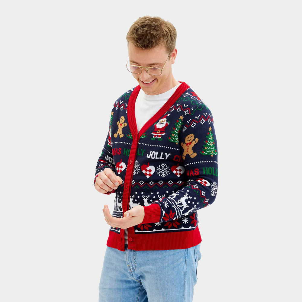 Suéter de Navidad Cárdigan Azul y Rojo Hombre