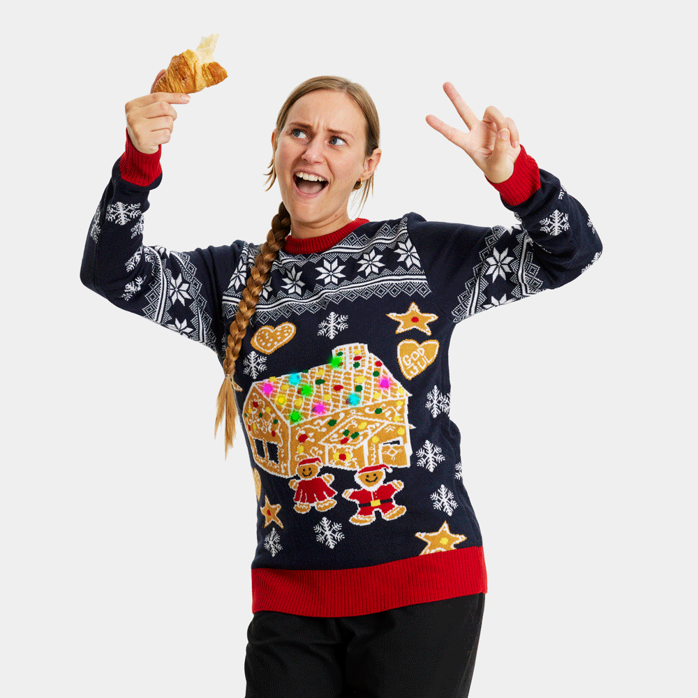 Mujer Suéter de Navidad con Luces LED Parejas Casa Gingerbread