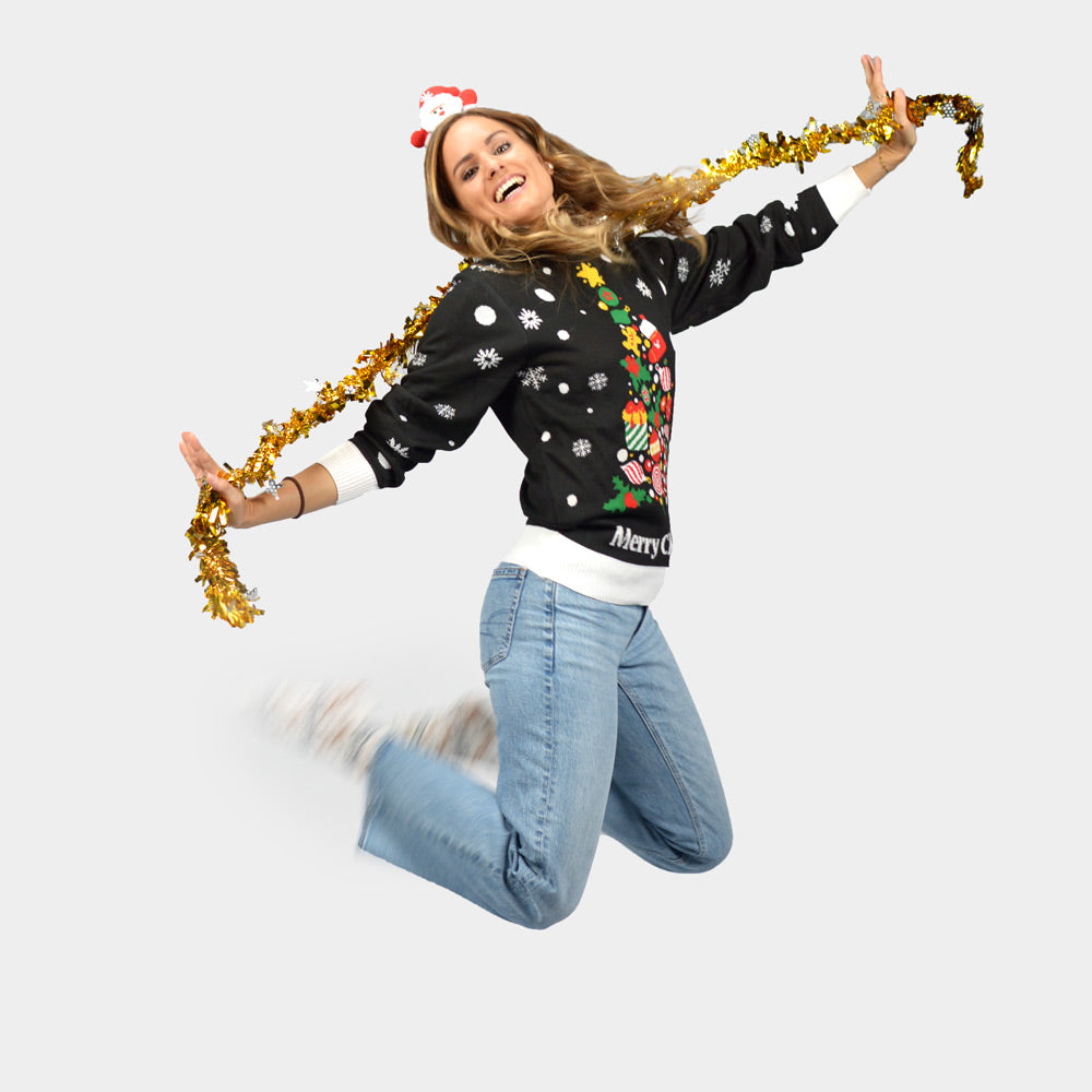 Suéter de Navidad con Árbol de Navidad para Mujer Negro 