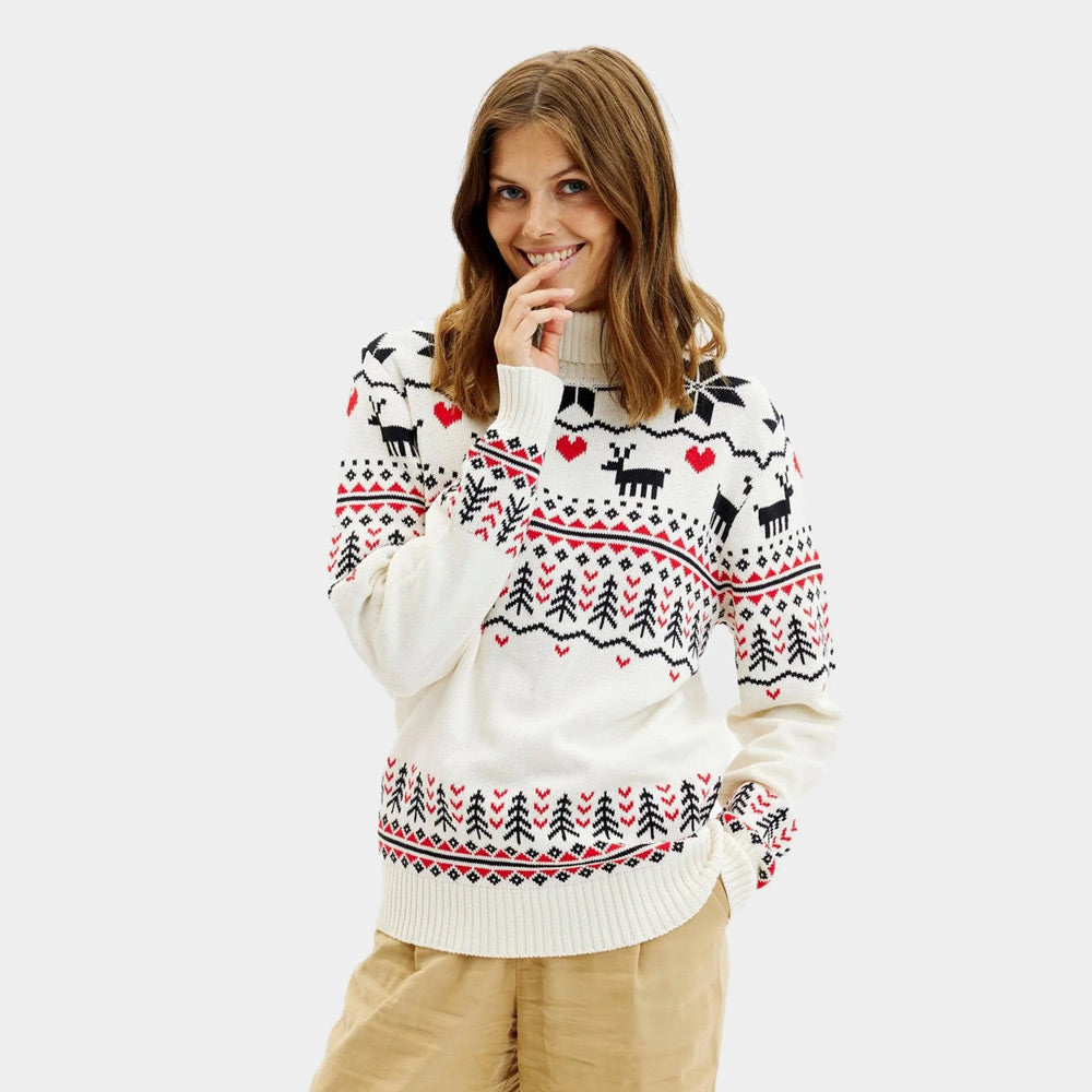 Suéter de Navidad de cuello alto Elegante Beige Algodón Orgánico Mujer