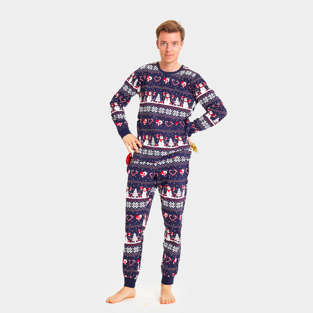 Pijama Navideña Adultos Unisex Azul con Muñecos de Nieve y Corazones Hombre