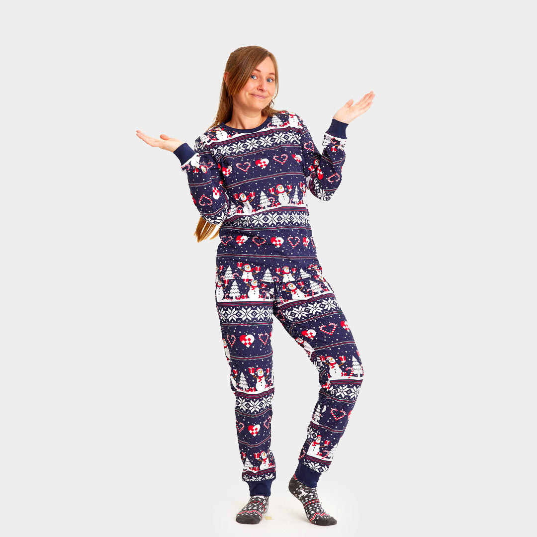 Pijama Navideña Adultos Unisex Azul con Muñecos de Nieve y Corazones