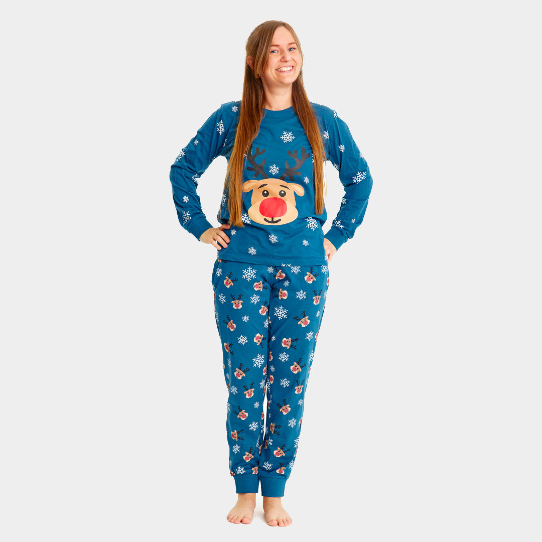 Pijama Navideña Adultos Unisex Azul con Reno Rudolph Mujer