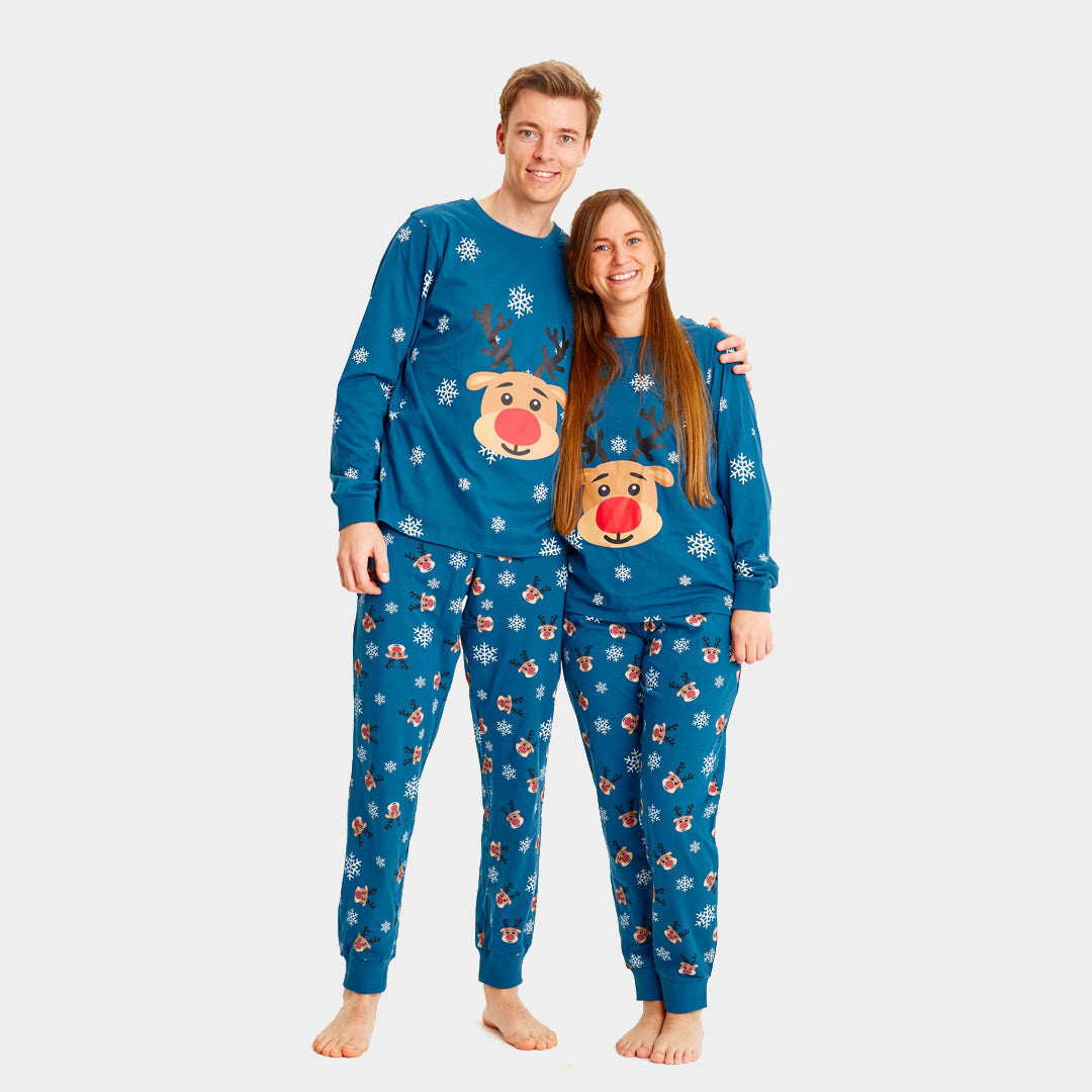 Pijama Navideña Adultos Unisex Azul con Reno Rudolph Pareja