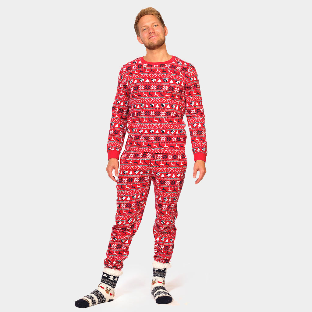 Pijama Navideña para Familia Rojo con Renos y Árboles hombre