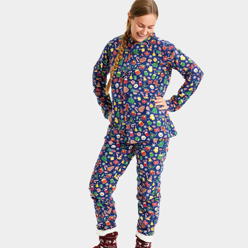 Pijama Navideña para Familia  Azul con Motivos Navideños Mujer