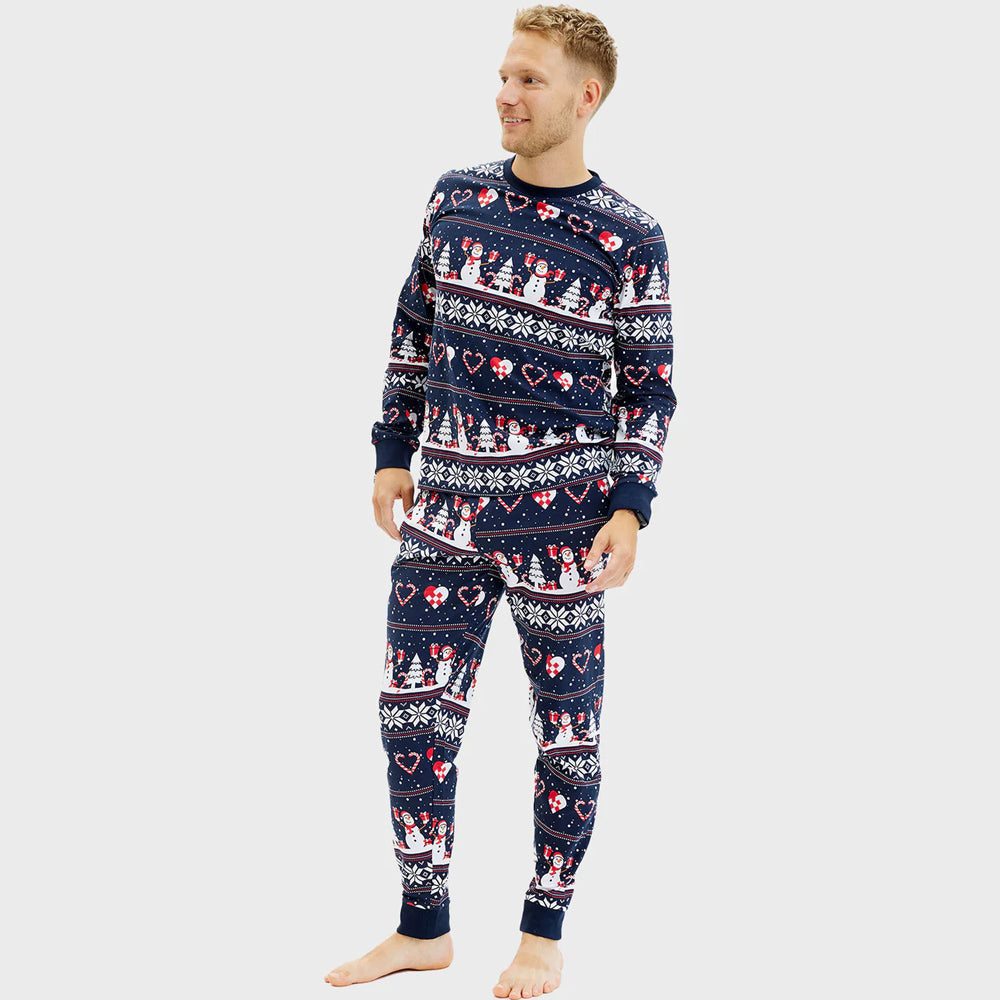 Pijama Navideña para  Hombre Azul Muñecos de Nieve y Corazones
