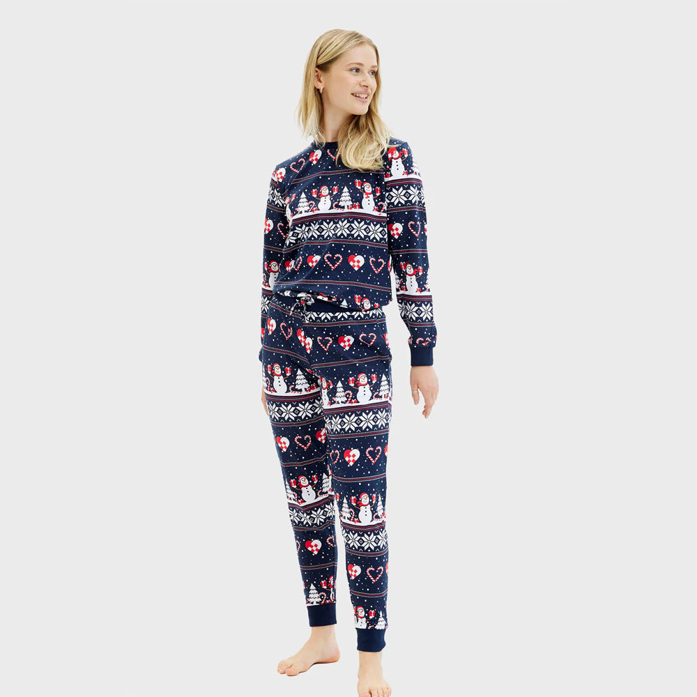 Pijama Navideña para Mujer Azul Muñecos de Nieve y Corazones
