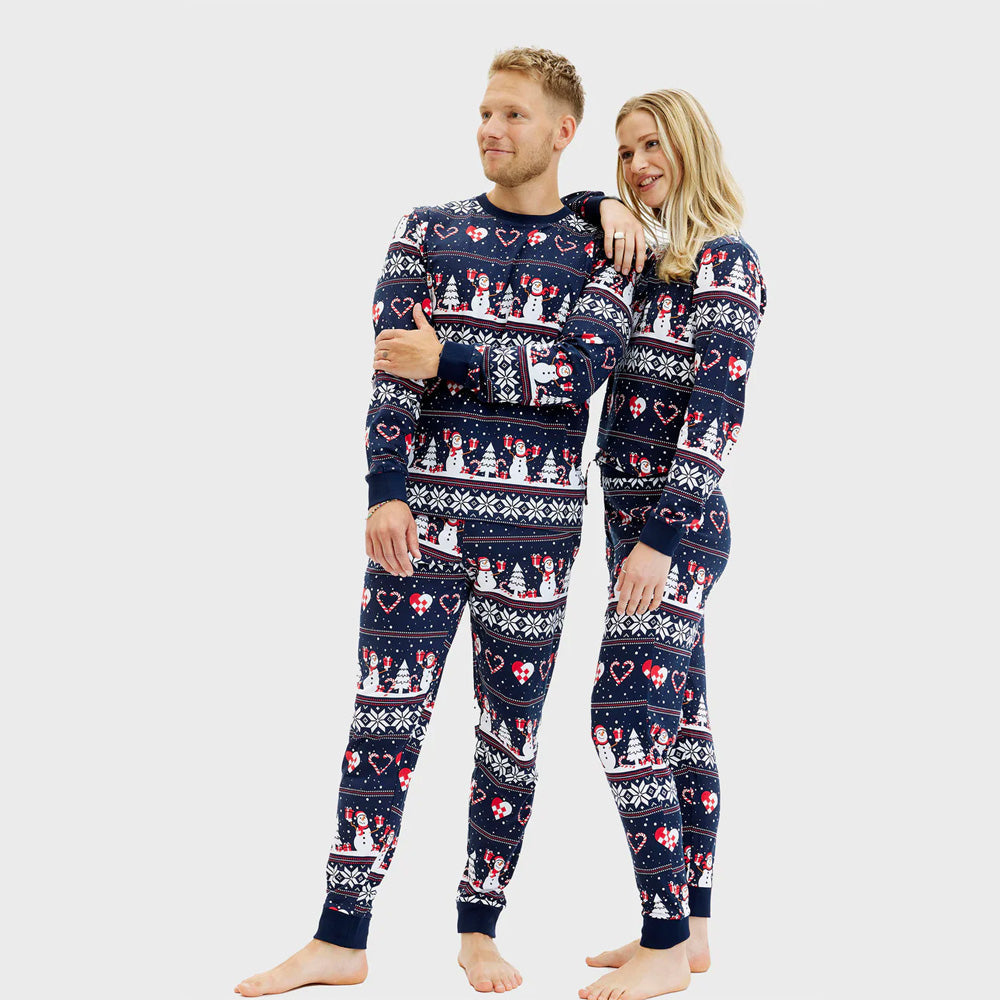 Pijama Navideña para Mujer y Hombre Azul Muñecos de Nieve y Corazones
