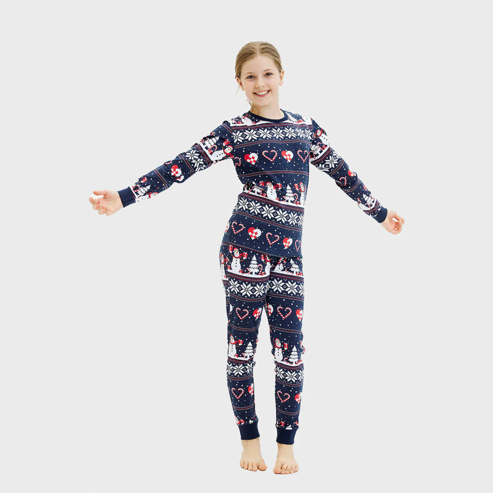 Pijama Navideña para Niña Azul Muñecos de Nieve y Corazones
