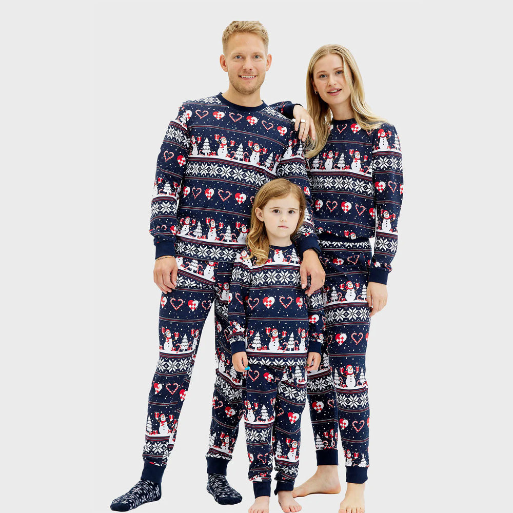 Pijama Navideña para Niña y Niño Azul Muñecos de Nieve y Corazones Familia
