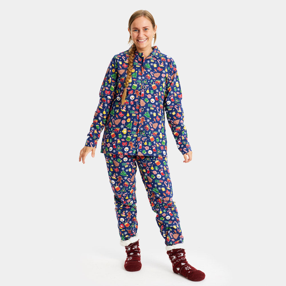 Pijama Navideña Mujer Niños Azul con Motivos Navideños
