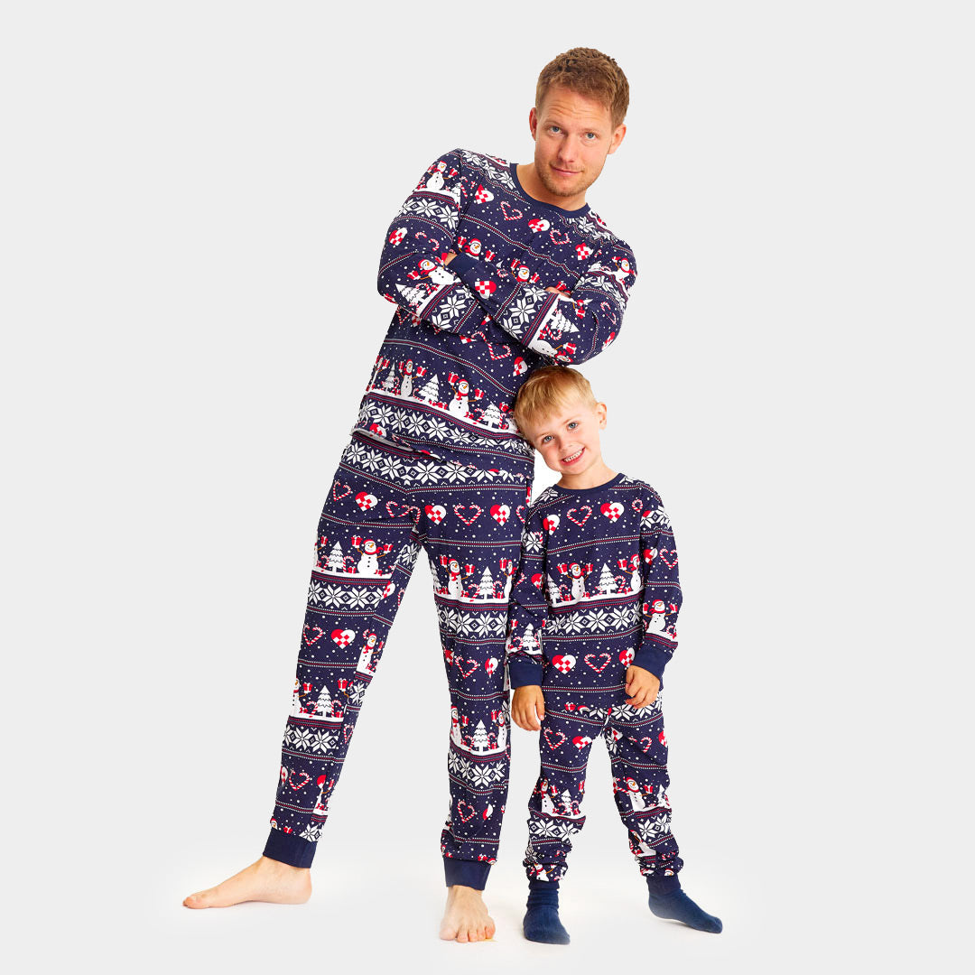 Pijama Navideña para Niños Azul con Muñecos de Nieve y Corazones Hombre