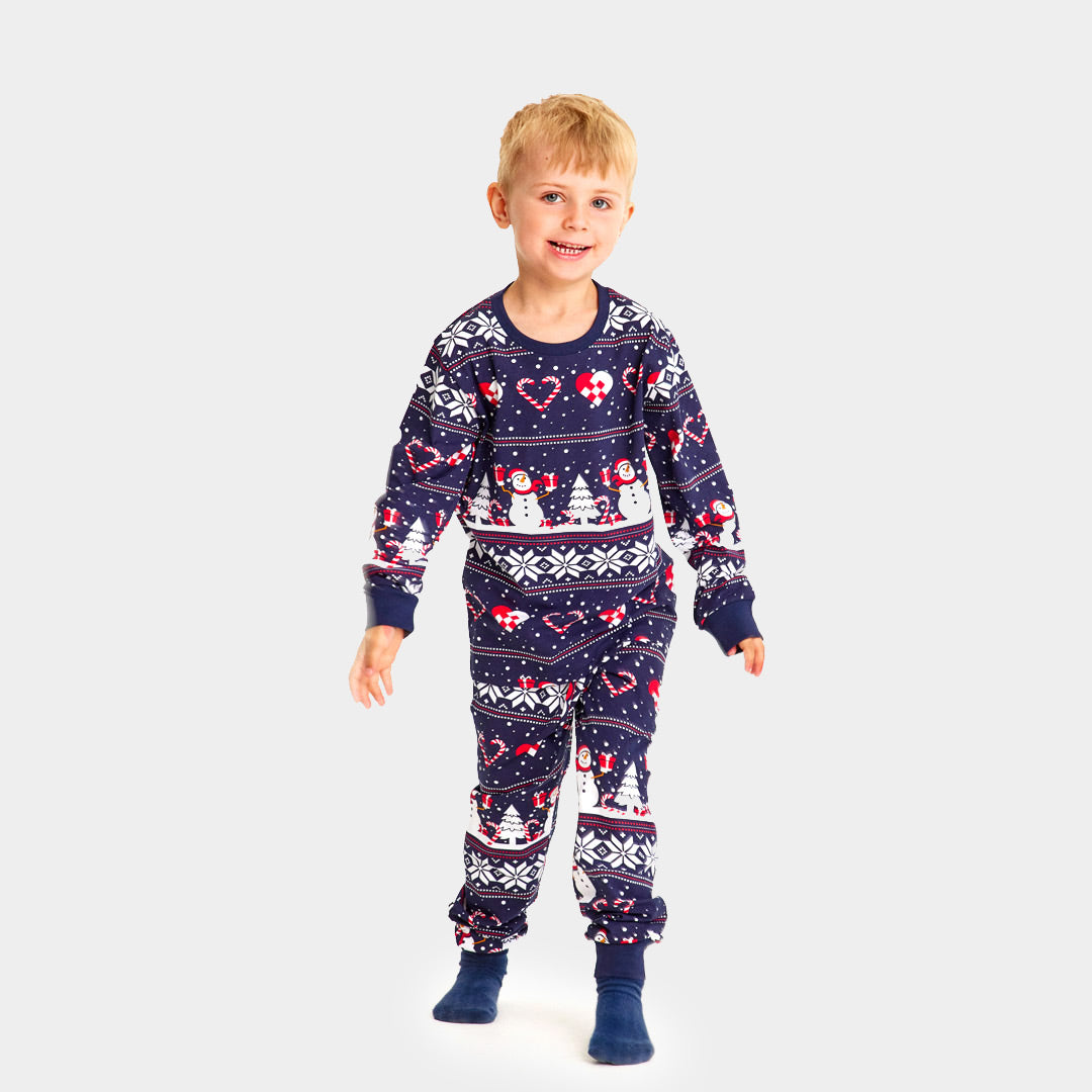 Pijama Navideña para Niños Azul con Muñecos de Nieve y Corazones