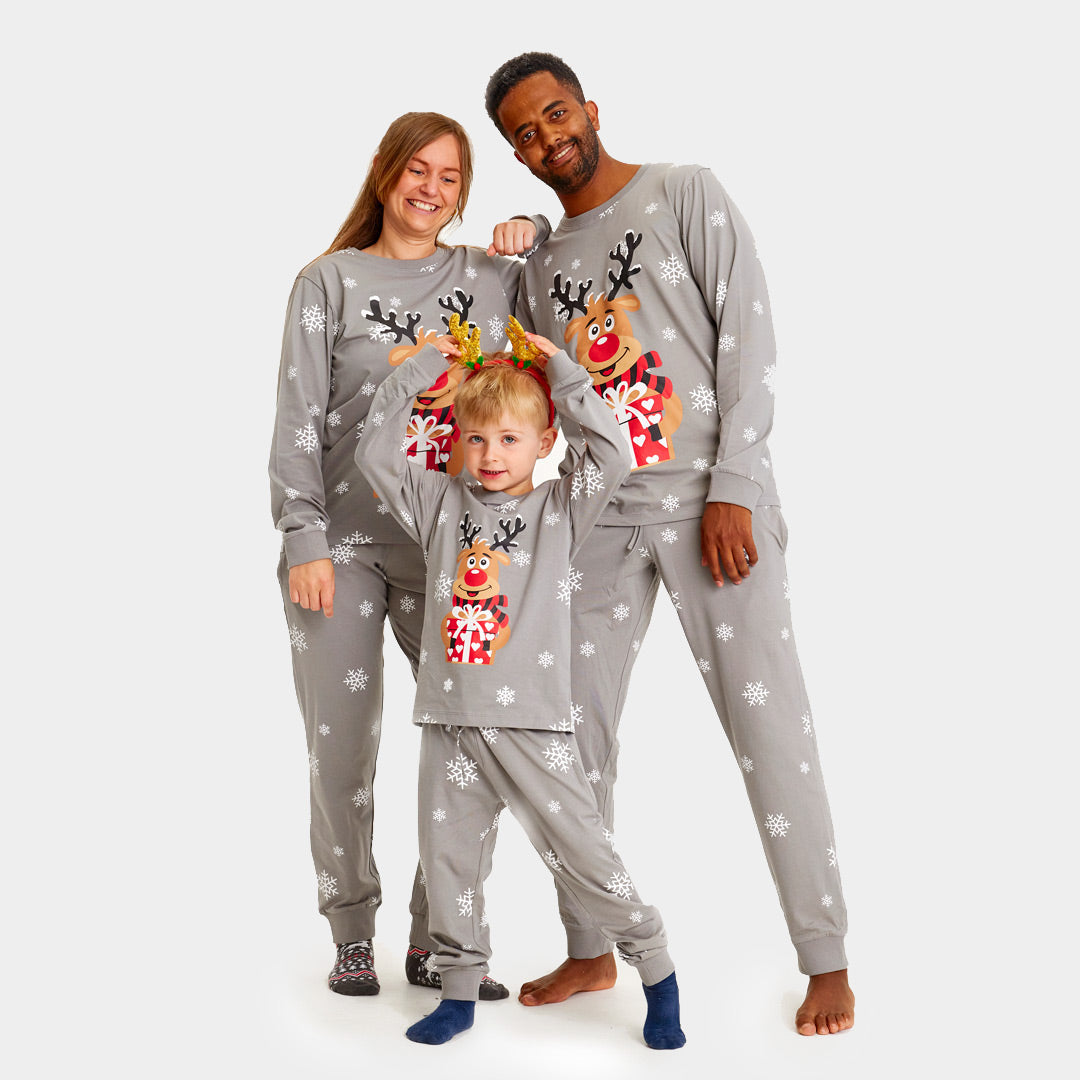 Pijama Navideña para Familia Gris Reno Rodolfo