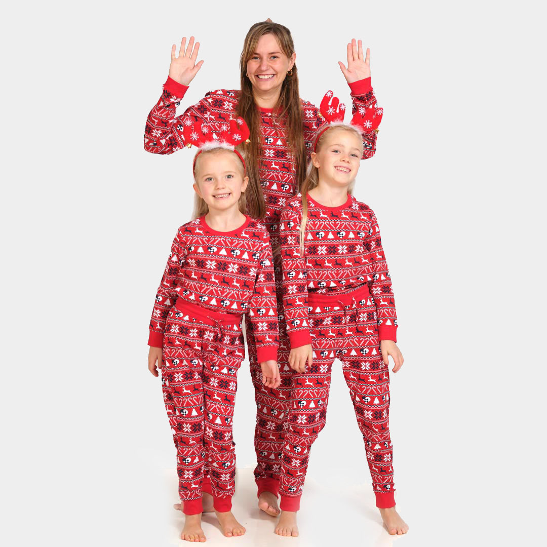 Pijama Navideña para Niños Rojo con Renos y Árboles Mujer