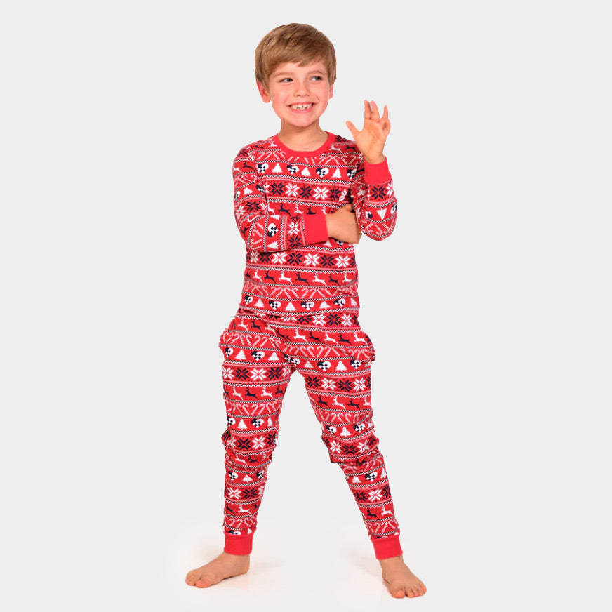 Pijama Navideña para Niños Rojo con Renos y Árboles 