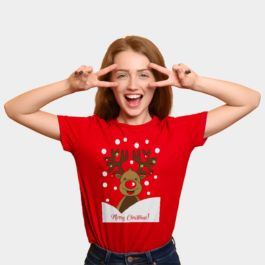Playera Navideña para Familia Roja Reno Rudolph mujer