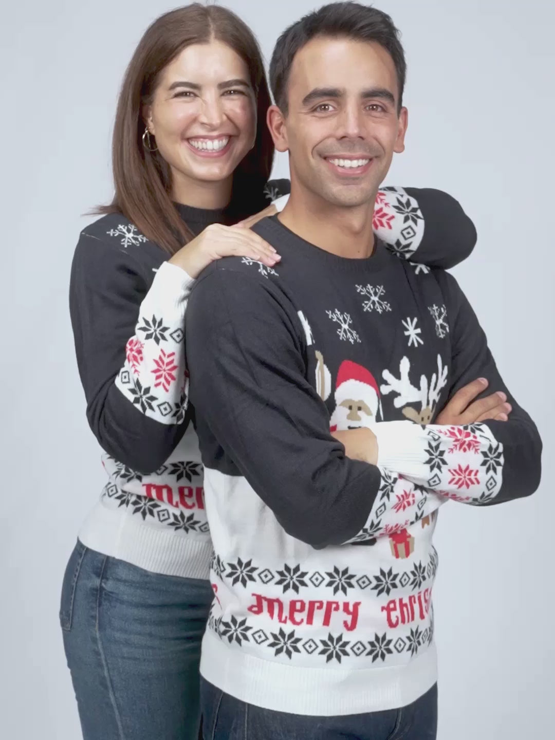 Suéter de Navidad para Mujer y Hombre Azul Papá Noel y Reno Rudolph
