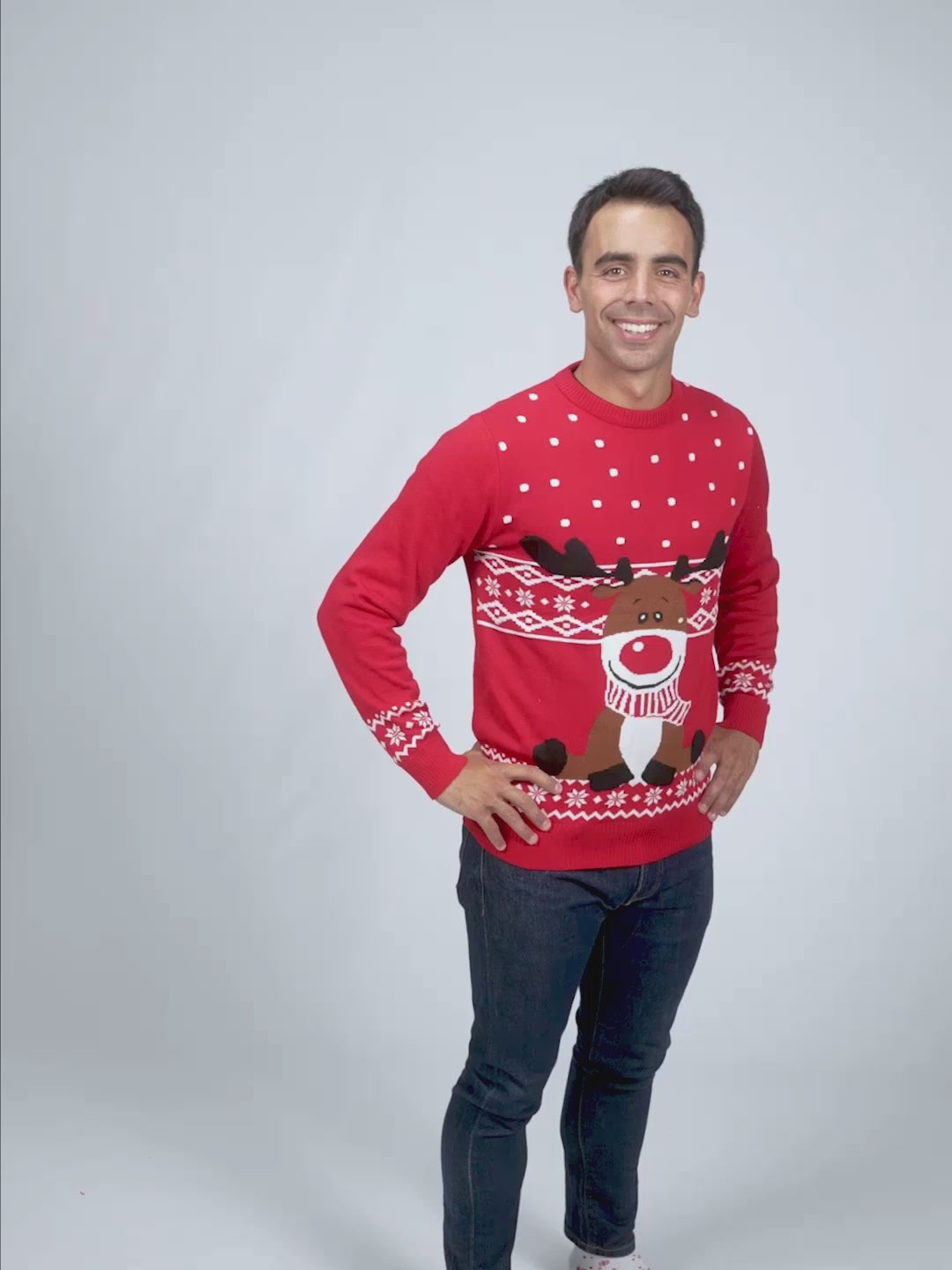 Suéter de Navidad para Mujer y Hombre 
Rojo Reno Rudolph Bufanda
