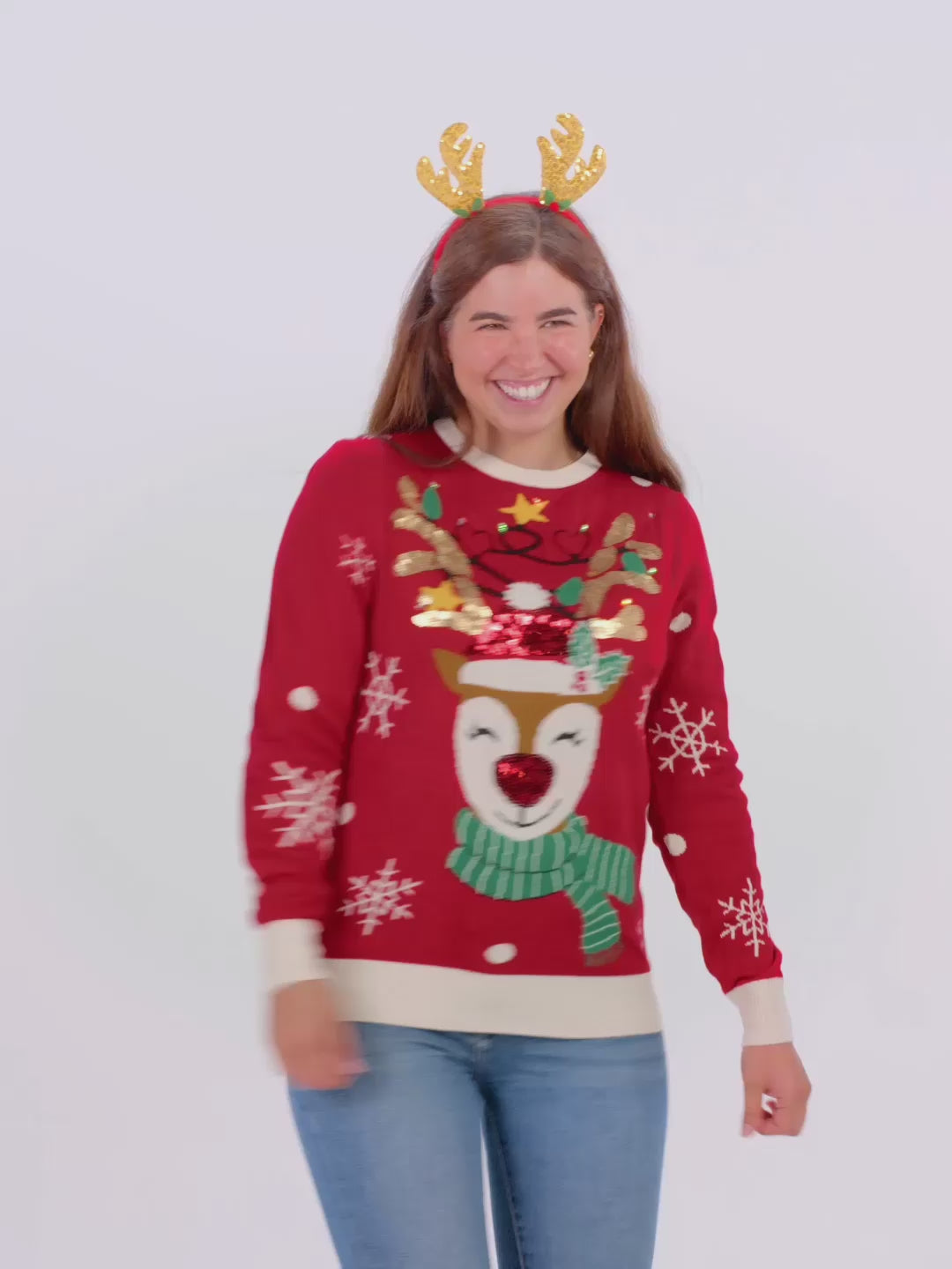 Suéter de Navidad con Luces LED para Mujer y Hombre Reno Brillante con Lentejuelas
