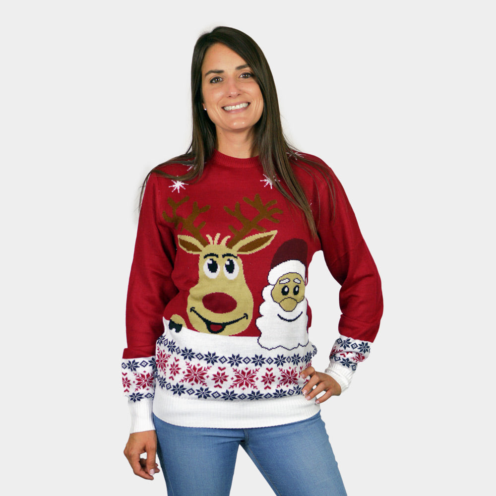 Suéter de Navidad para Familia Santa y Rudolph Sonrientes Mujer
