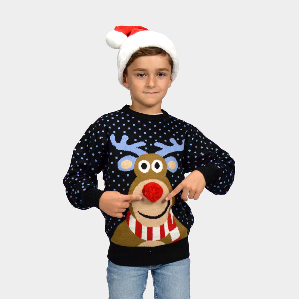 Suéter de Navidad Azul Reno con Nariz Roja en 3D Niño