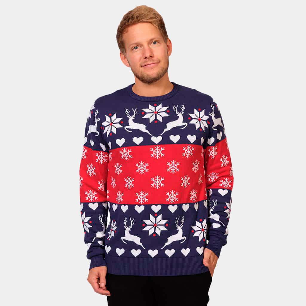 Suéter Navideño Hombre Renos y Corazones Azul y Rojo