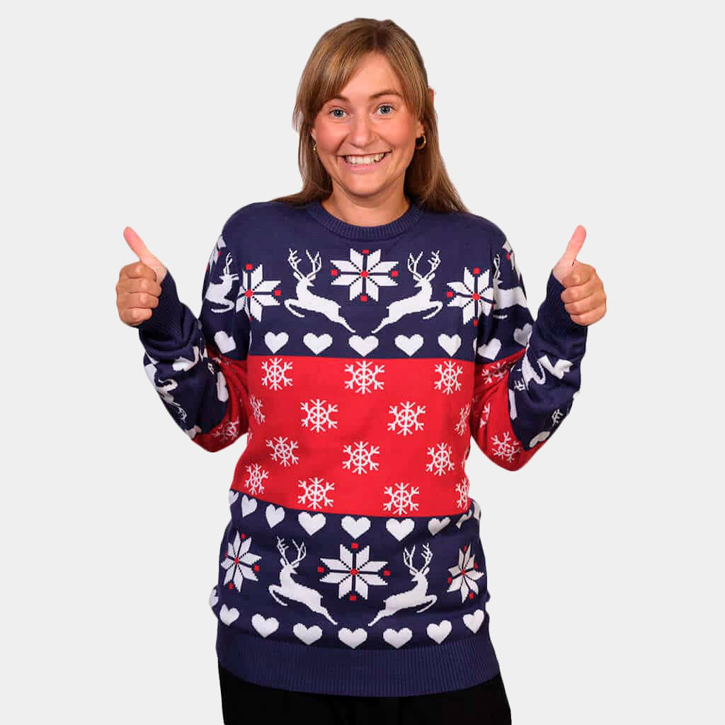 Suéter Navideño Mujer Renos y Corazones Azul y Rojo