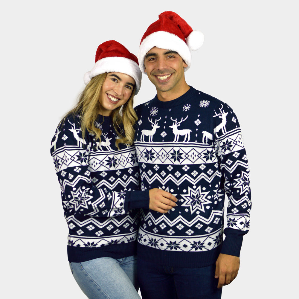 Suéter Navideño para Mujer con Renos y Estrellas Azul Nordic parejas