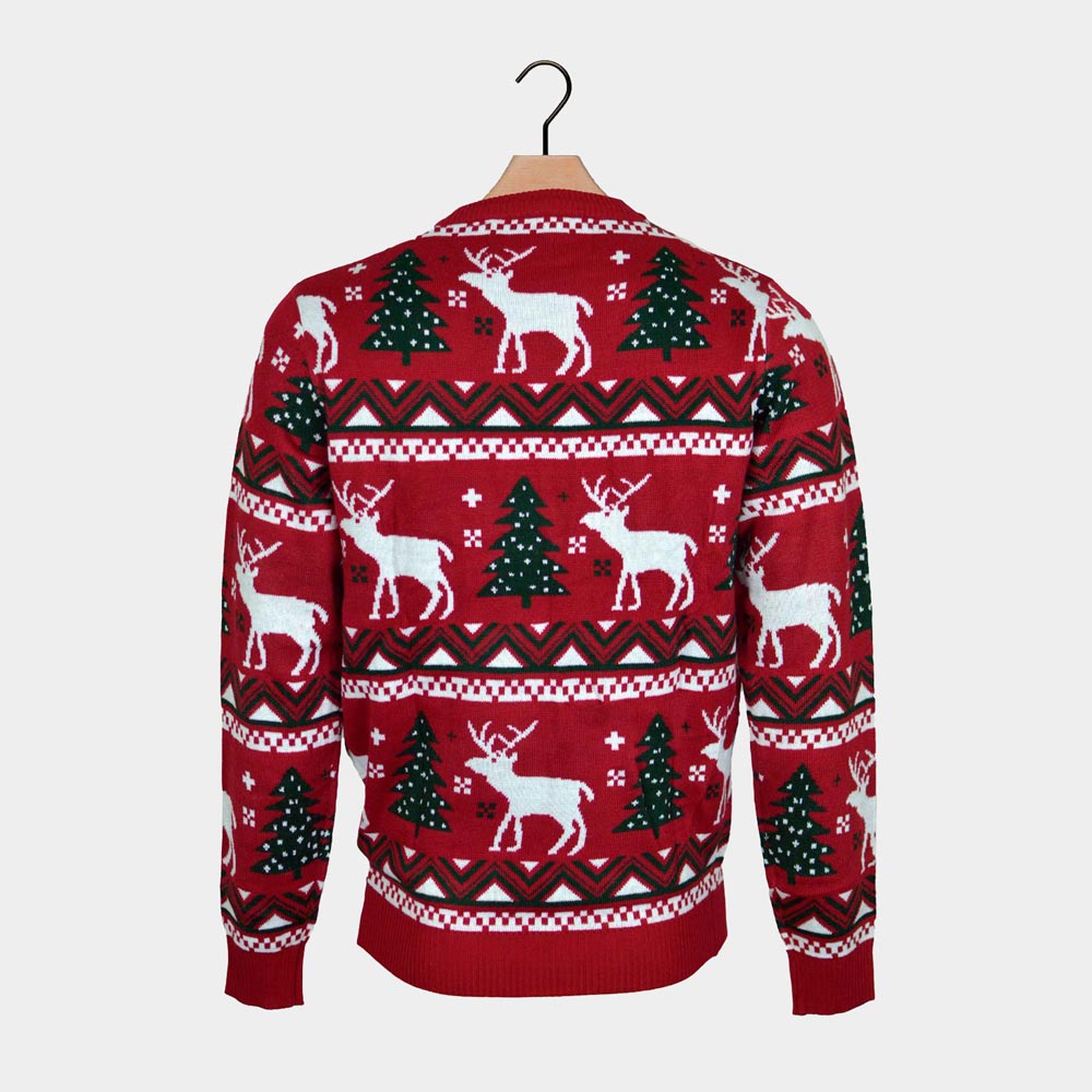 Suéter de Navidad para Hombre Rojo Árboles de Navidad y Renos Espalda