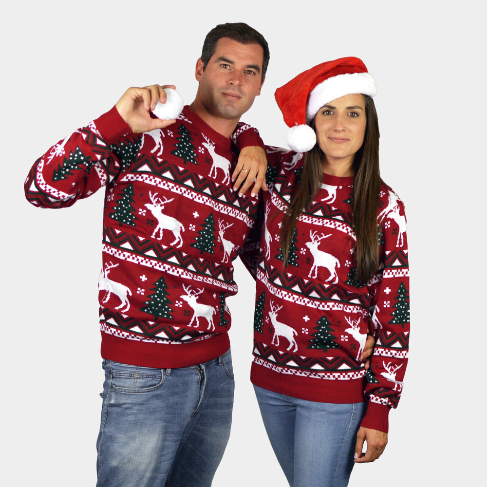 Suéter de Navidad para Hombre Rojo Árboles de Navidad y Renos pareja