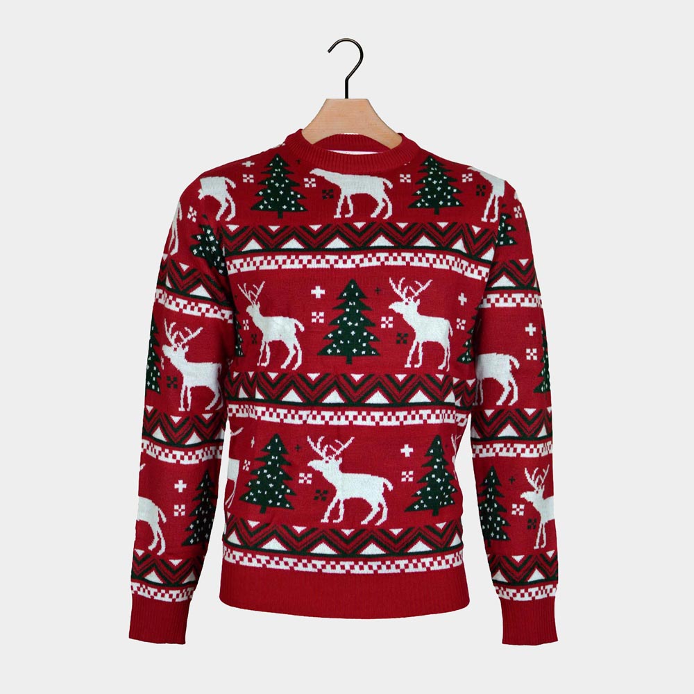 Suéter de Navidad para Hombre Rojo Árboles de Navidad y Renos