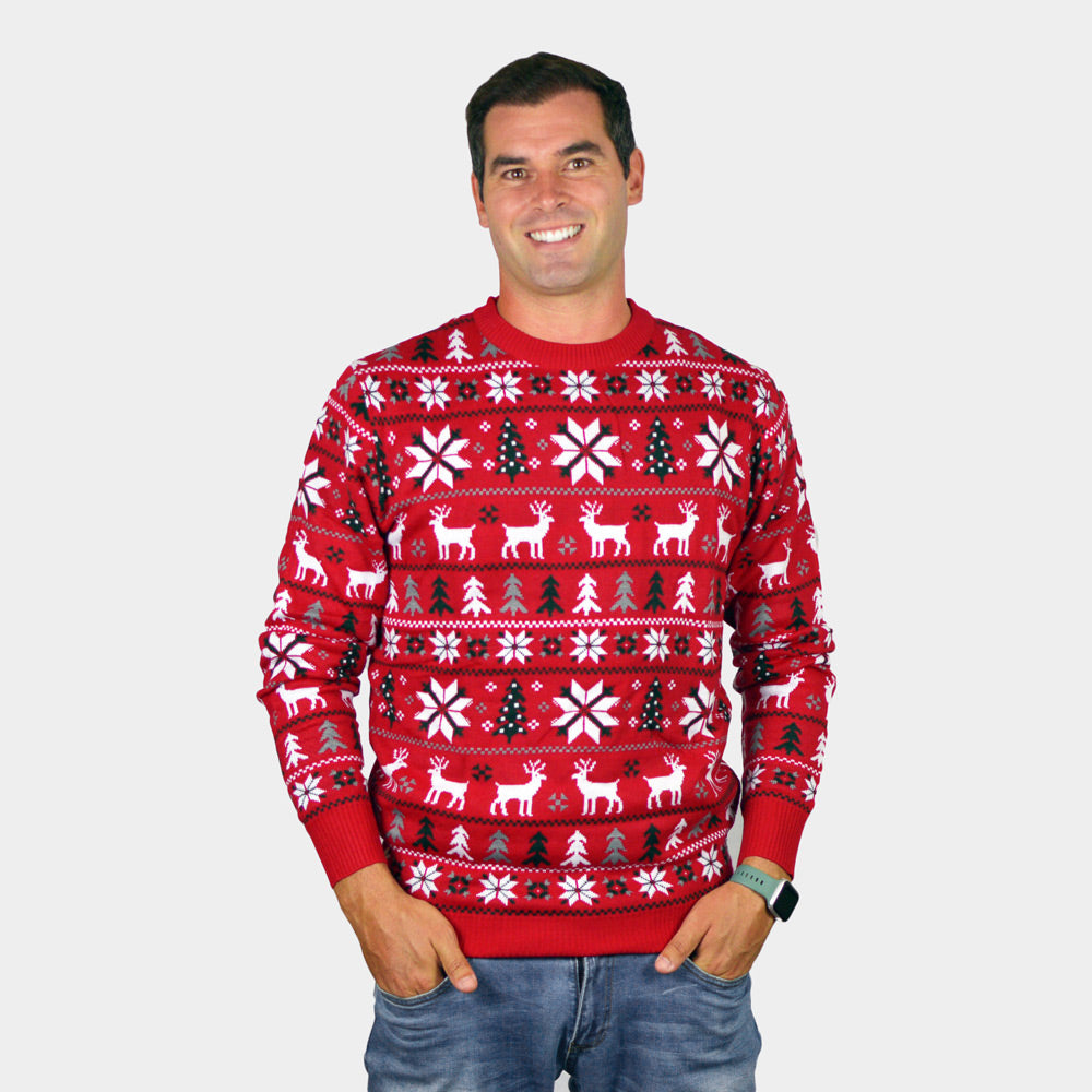 Suéter de Navidad Hombre Rojo Renos, Árboles y Estrellas Polares