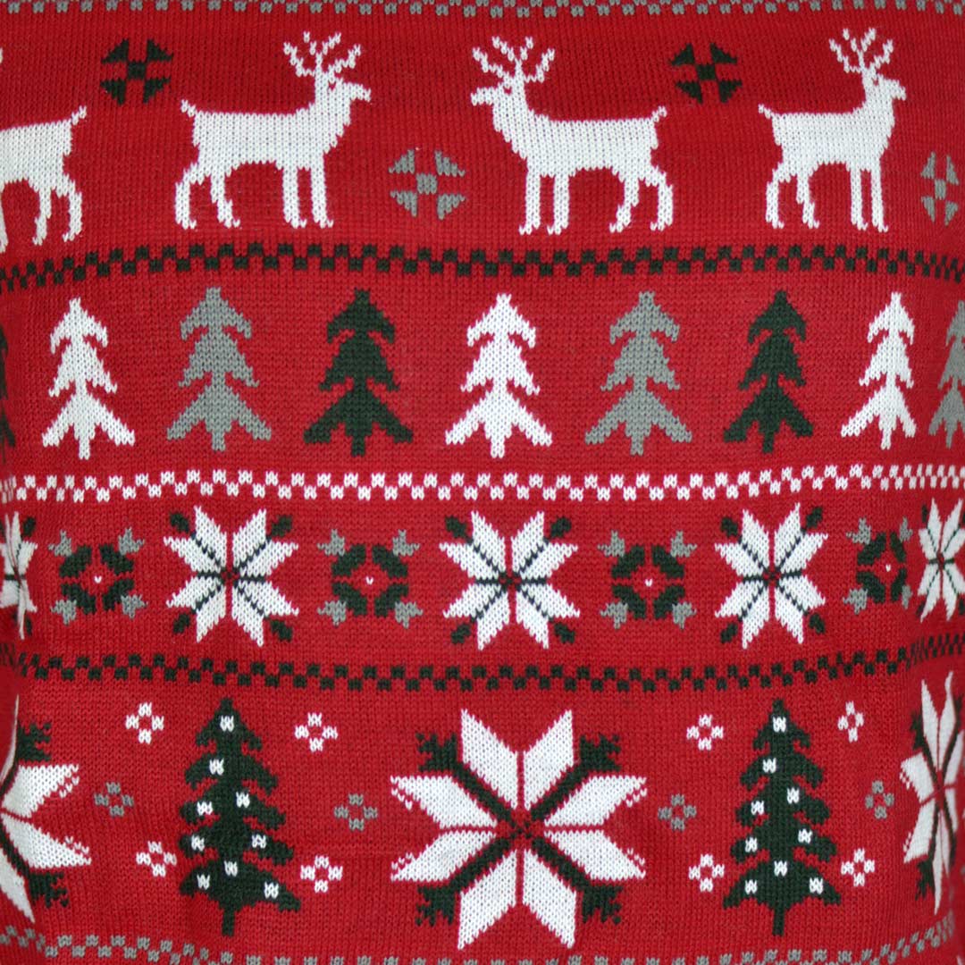 Suéter de Navidad para Hombre Rojo Renos, Árboles y Estrellas Polares Detalle