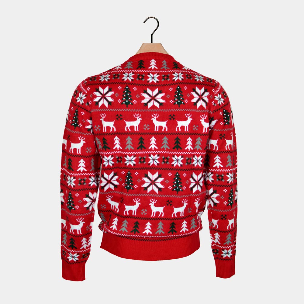 Suéter de Navidad para Hombre Rojo Renos, Árboles y Estrellas Polares Espalda