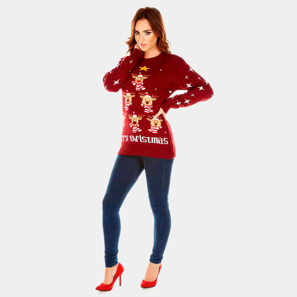 sueter Navideño mujer Granate Renos Árbol de Navidad y Estrella