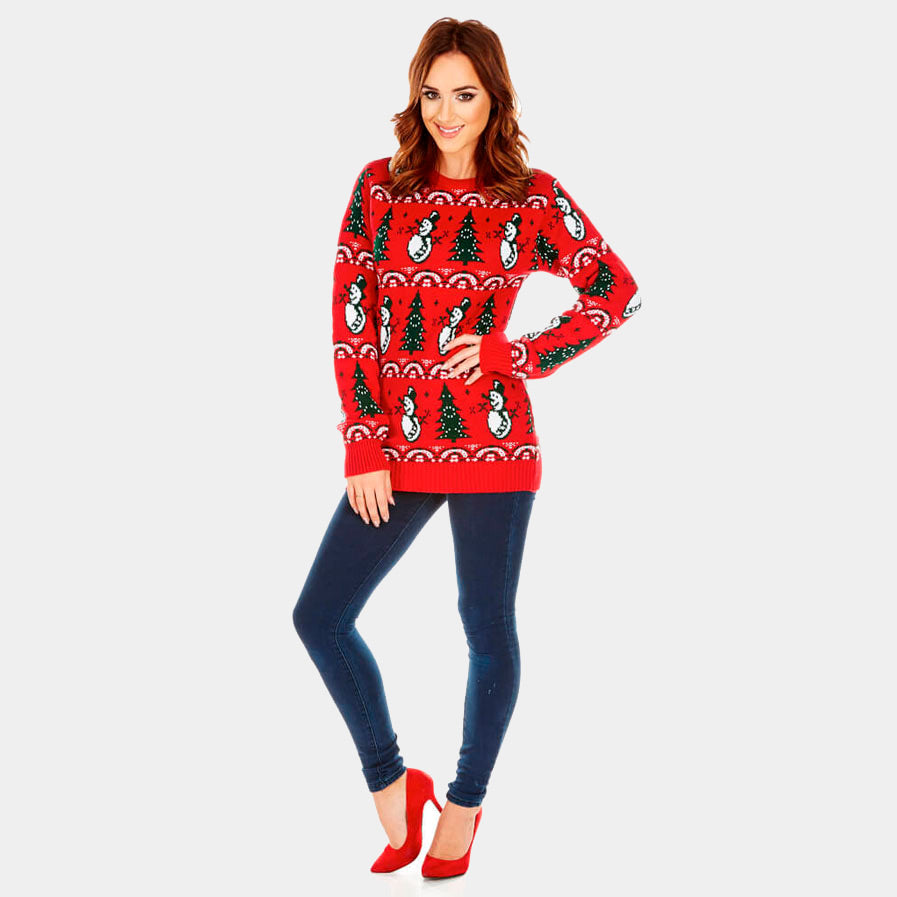 sueter Navideño mujer Rojo con Pinos y Muñecos de Nieve