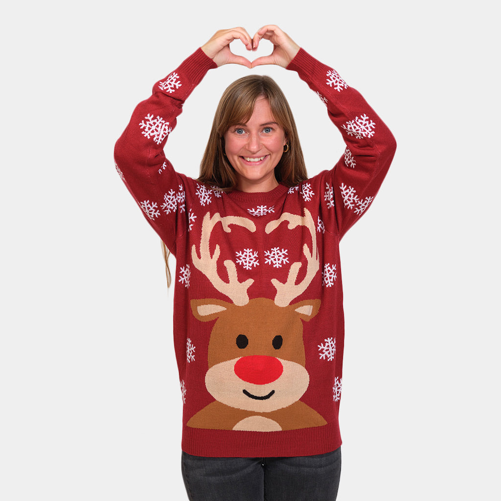 Suéter Navideño Reno Rudolph Rojo Mujer