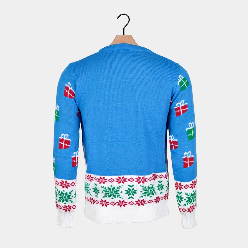Suéter de Navidad Azul Claro Reno y Papá Noel Espalda
