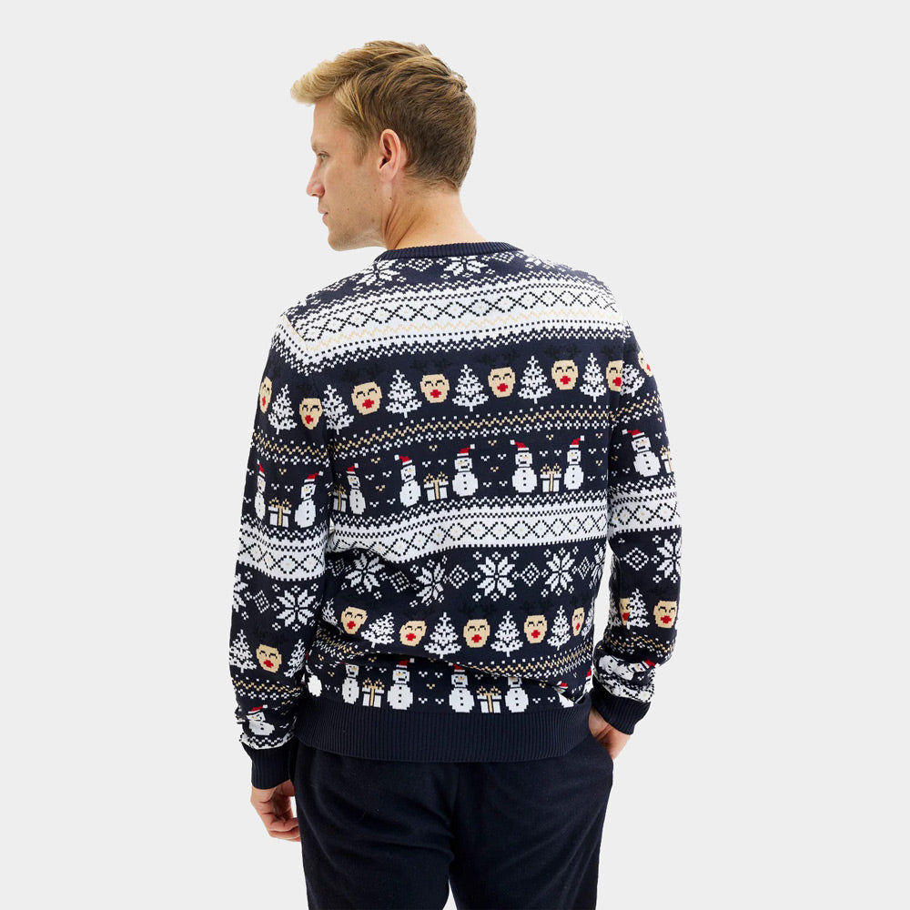 Suéter de Navidad Azul Muñecos de Nieve y Cenefas hombre