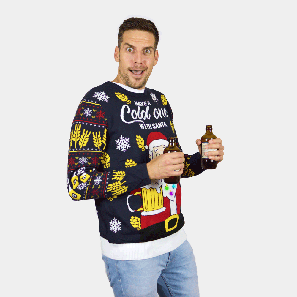 Santa con Cerveza Suéter de Navidad con Luces LED para Hombre 