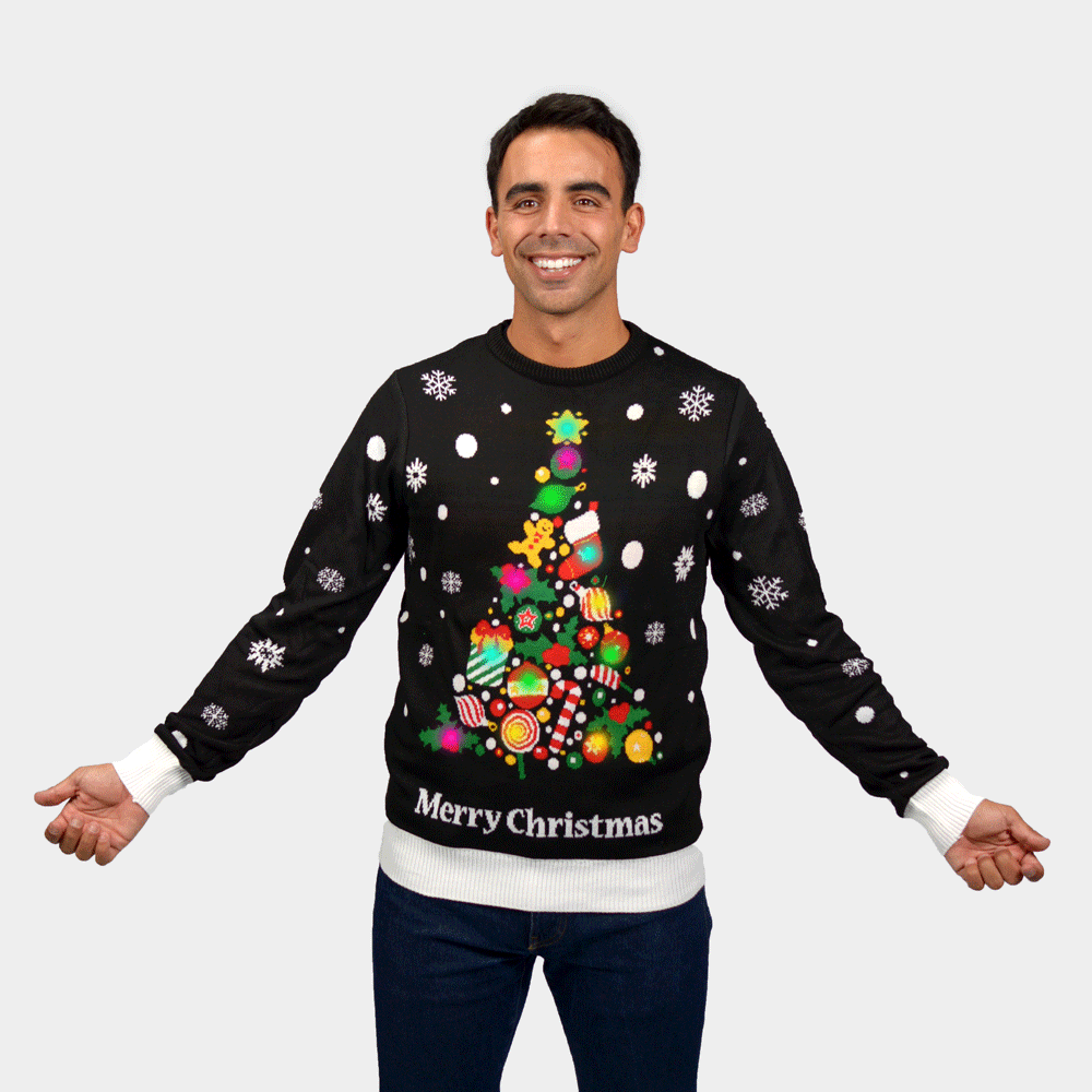 Suéter de Navidad con Luces LED para Hombre con Árbol de Navidad Negro 
