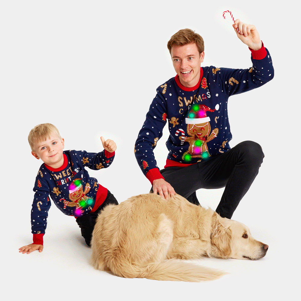 Suéter de Navidad con Luces LED para Familia Azul Ginger Cookie hombre y niño
