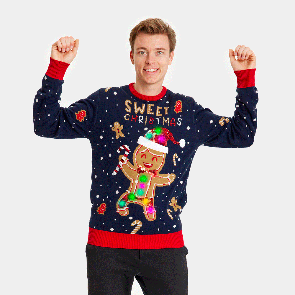 Suéter de Navidad con Luces LED para Familia Azul Ginger Cookie Hombre