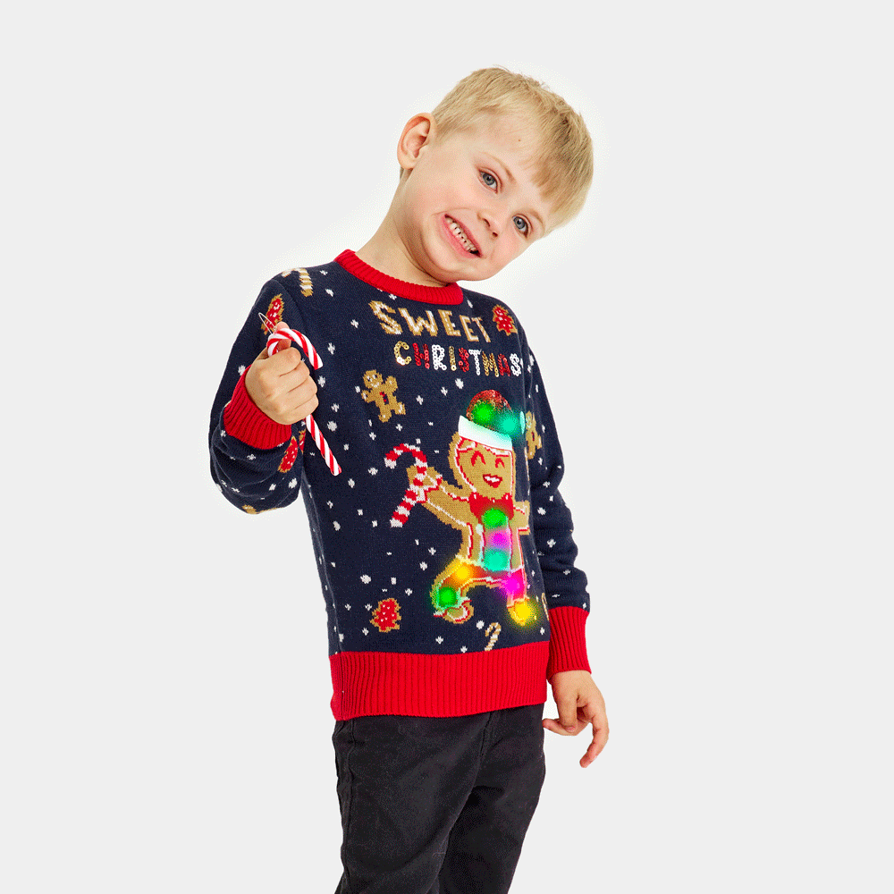 Suéter de Navidad con Luces LED para Familia Azul Ginger Cookie Niño
