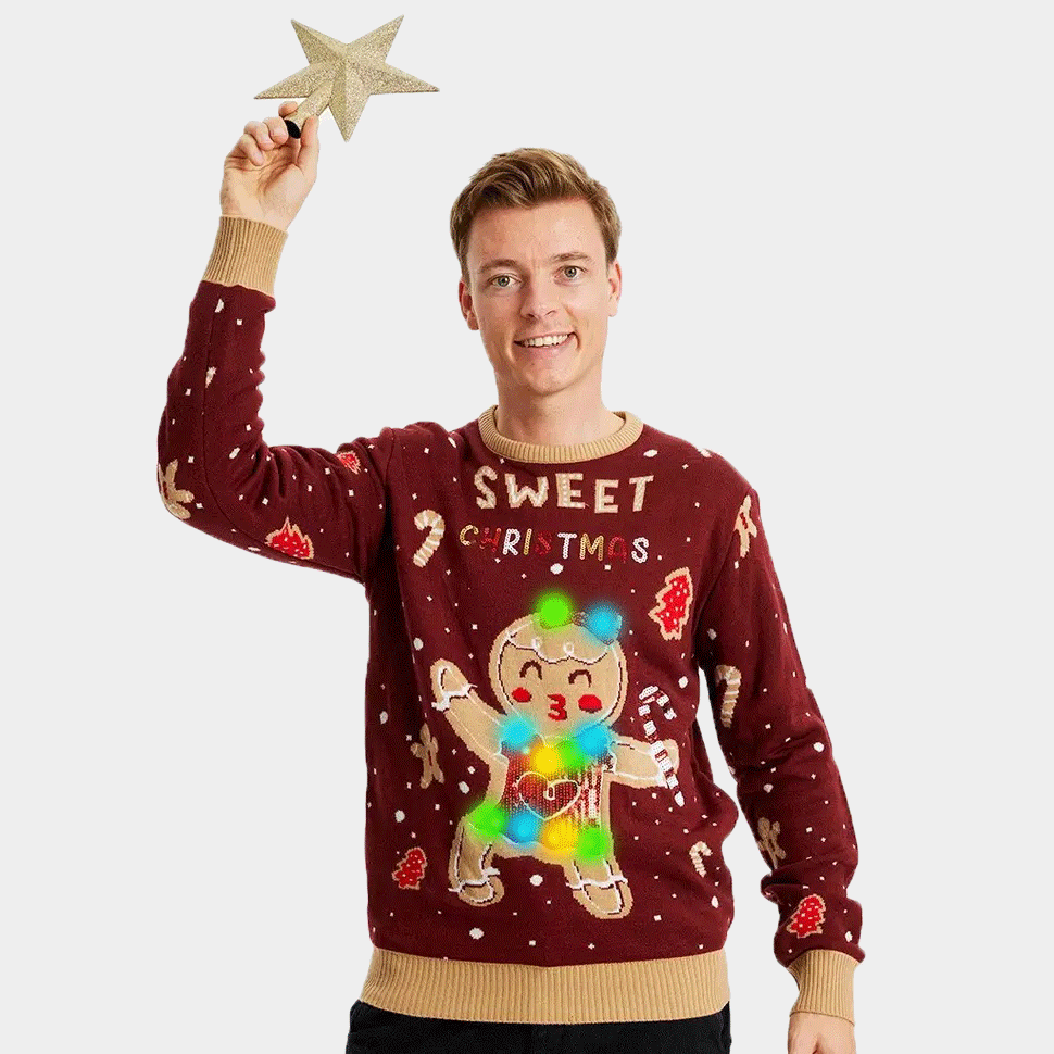Suéter de Navidad con Luces LED para Familia Rojo Ginger Cookie hombre