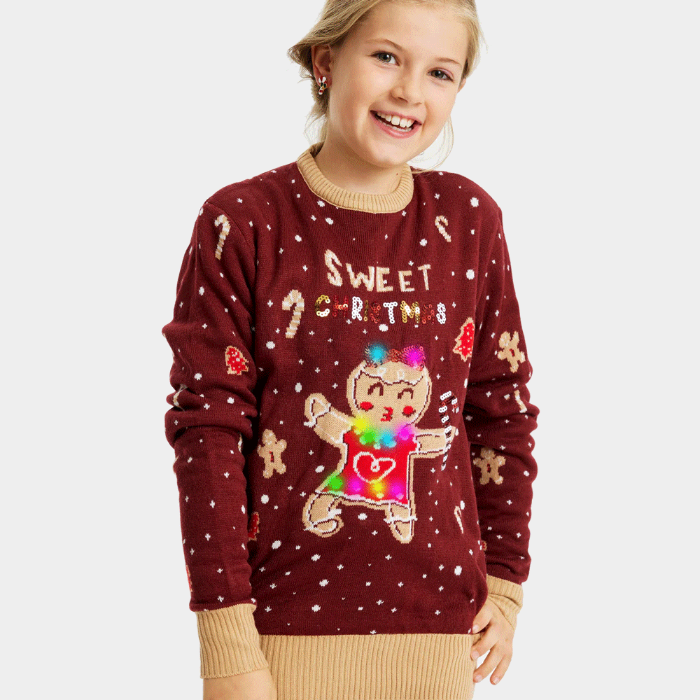 Suéter de Navidad con Luces LED Ginger Cookie Niña Rojo 
